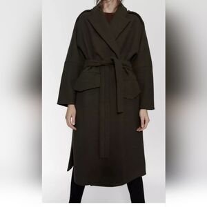 ZARA ZW COLLECTION  MANTECO WOOL OVERSIZED COAT,  KHAKI/GREEN , S